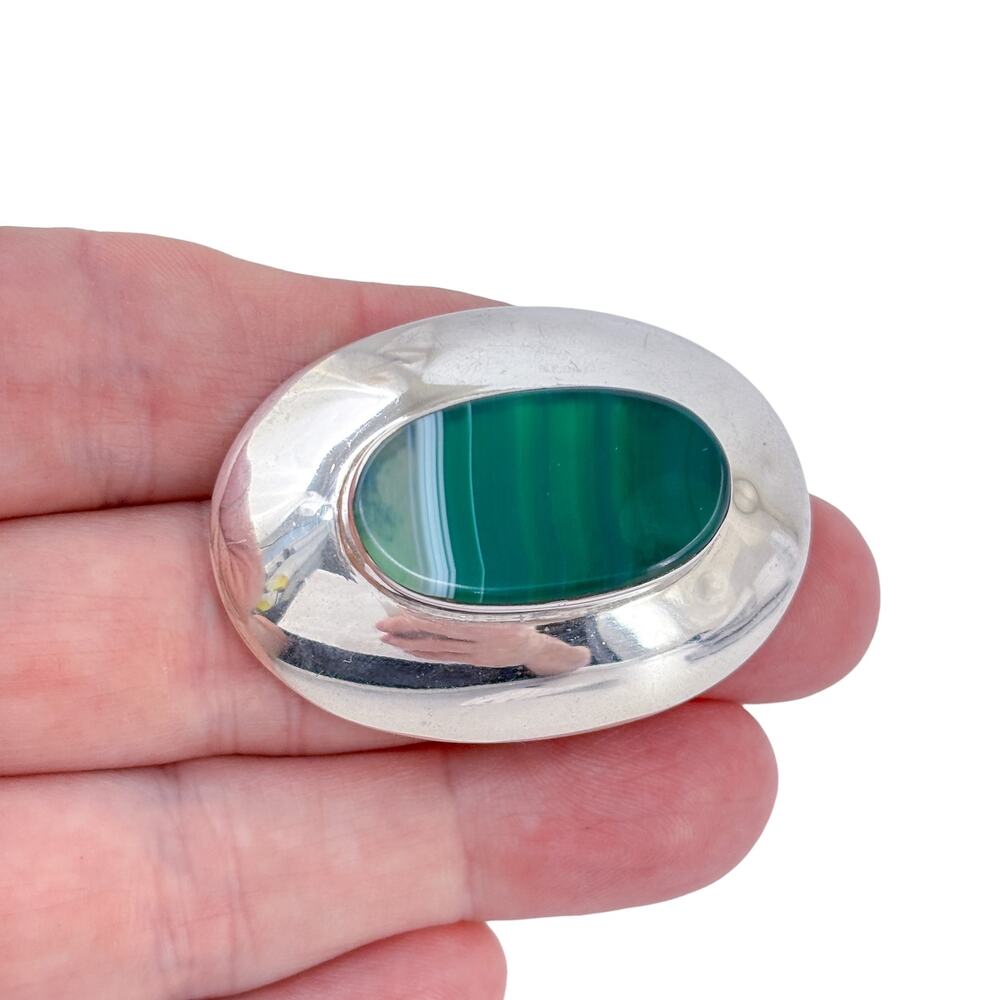 Vintage Sterling Silver 925 Green Agate Oval Brooch Pin